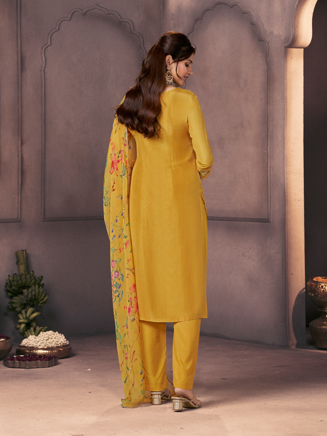 Bright Mustard Premium Dola Silk Suit with Ethnic Motifs & Bead-Work Accents