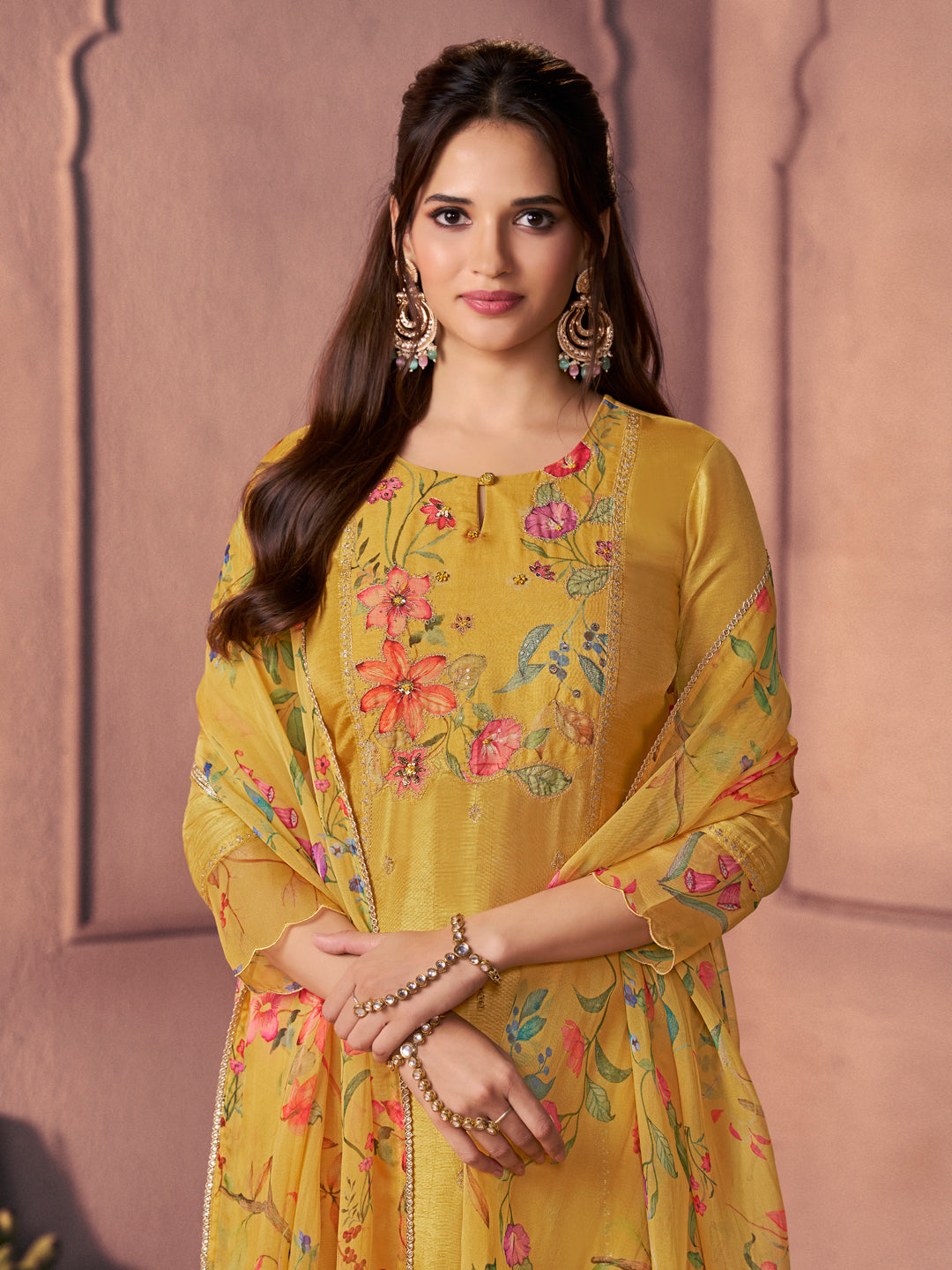 Bright Mustard Premium Dola Silk Suit with Ethnic Motifs & Bead-Work Accents