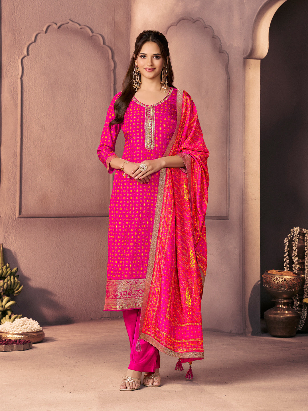 Hot Pink Premium Russian Silk Suit with Ethnic Motifs & Embroidered Neckline