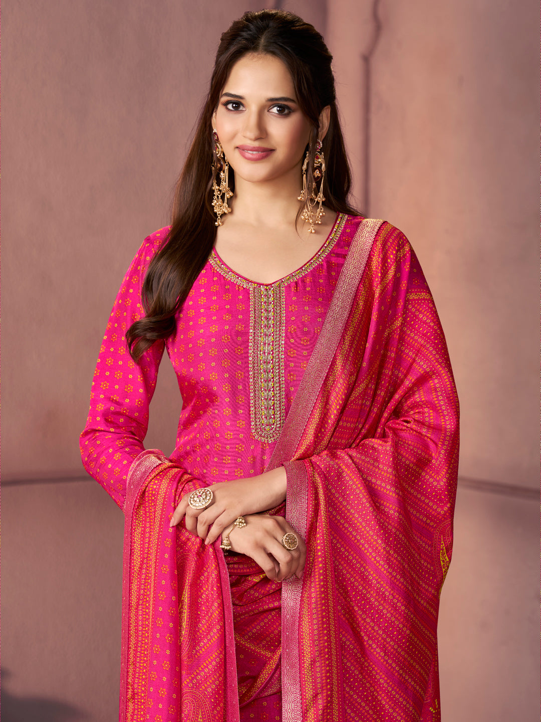 Hot Pink Premium Russian Silk Suit with Ethnic Motifs & Embroidered Neckline