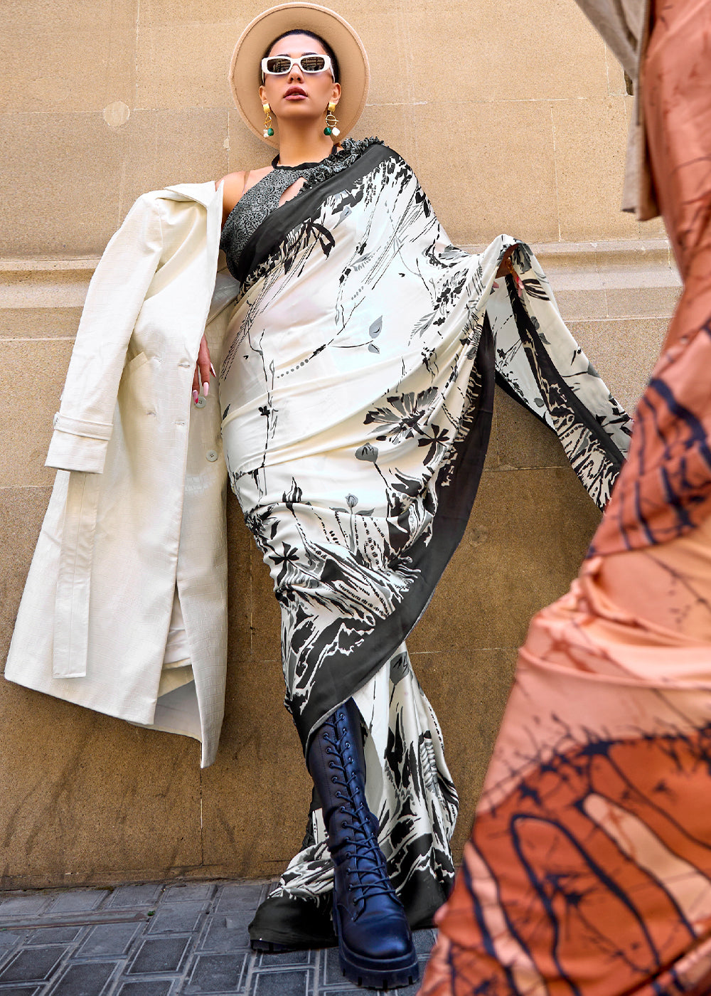 Pearl White Designer Satin Crepe Printed Saree - qivii