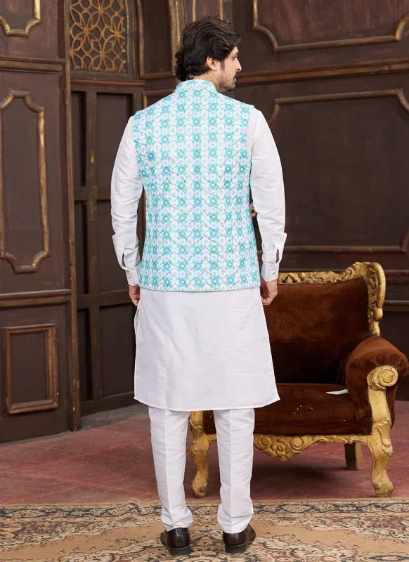Men's Sky Blue Art Silk Digital Print Jacket Set