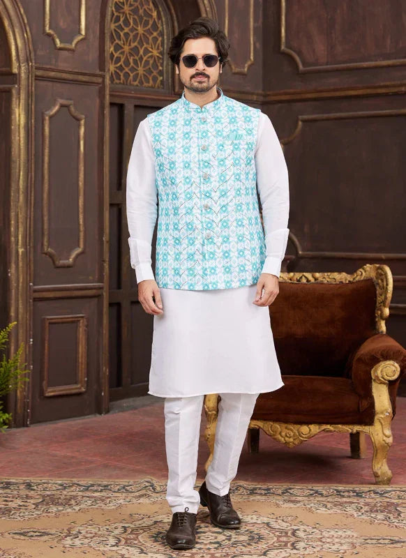 Men's Sky Blue Art Silk Digital Print Jacket Set