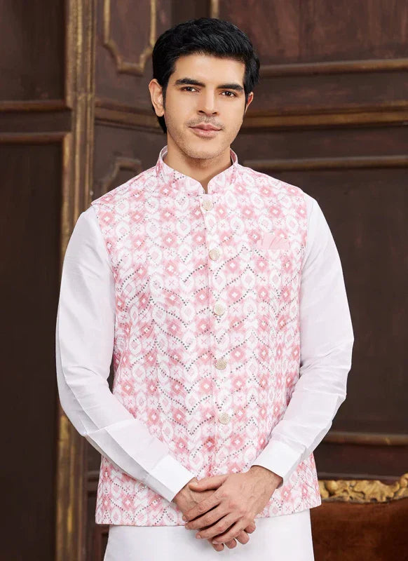 Men's Pink Art Silk Digital Print Jacket Set
