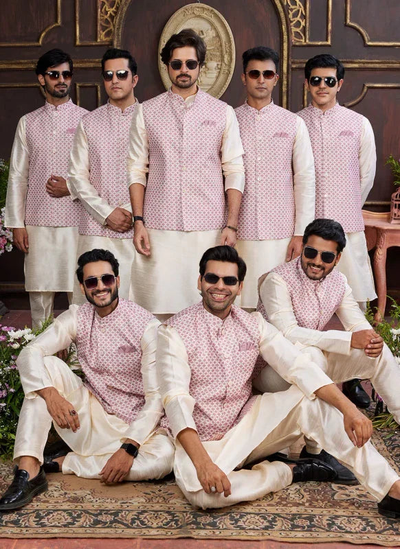 Men's Pink And Beige Art Silk Digital Print Jacket Set