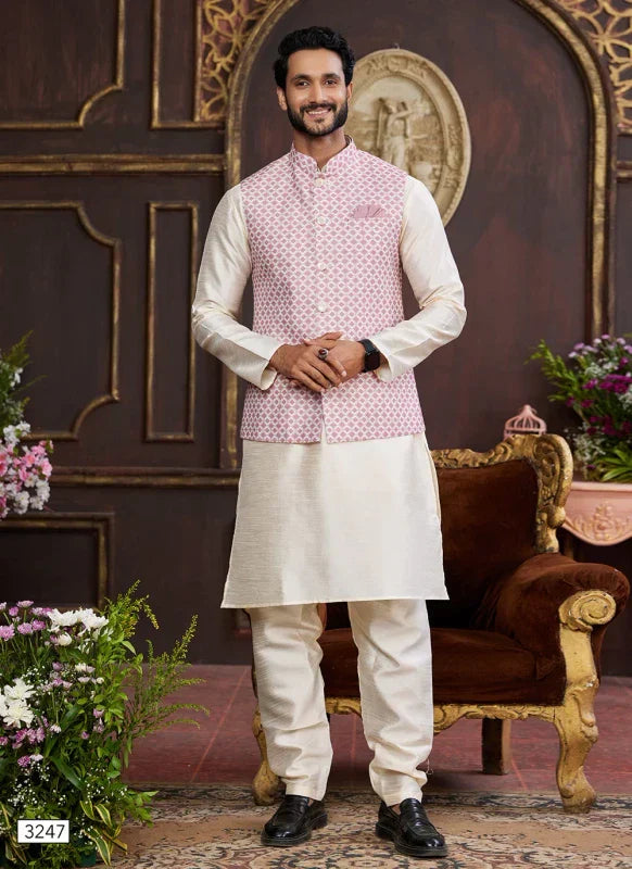 Men's Pink And Beige Art Silk Digital Print Jacket Set