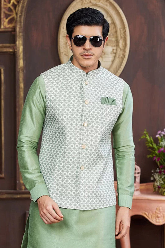 Men's Light Green Art Silk Digital Print Jacket Set