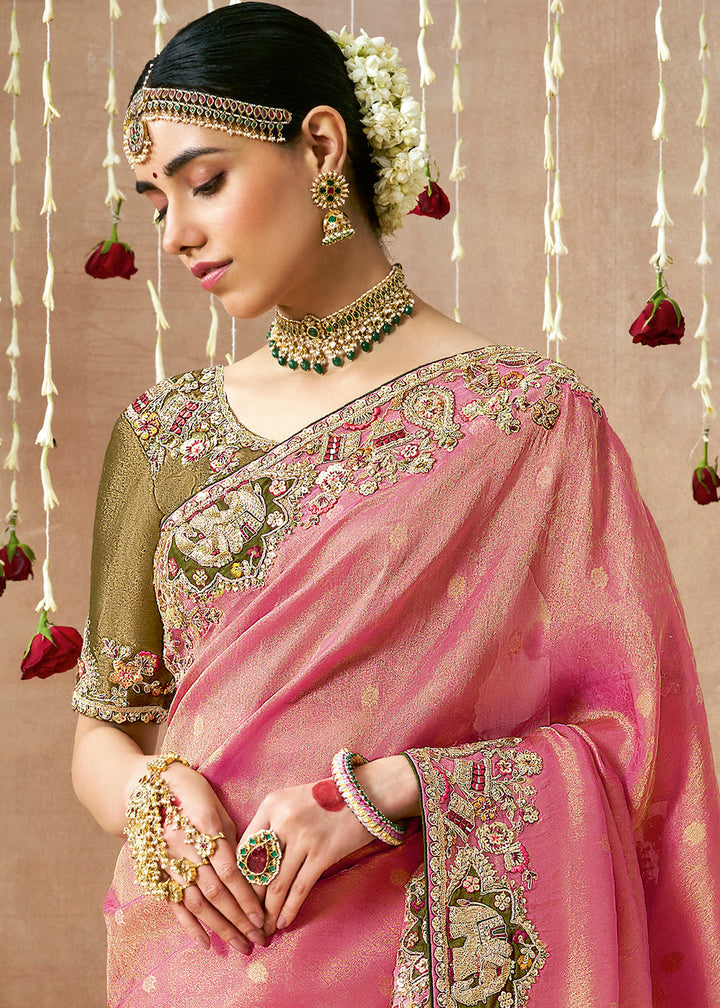 Shades Of Pink Zari Woven Tissue Dola Silk Saree having Sequence, Pearl, Mirror & Thread Work: Festival Edition