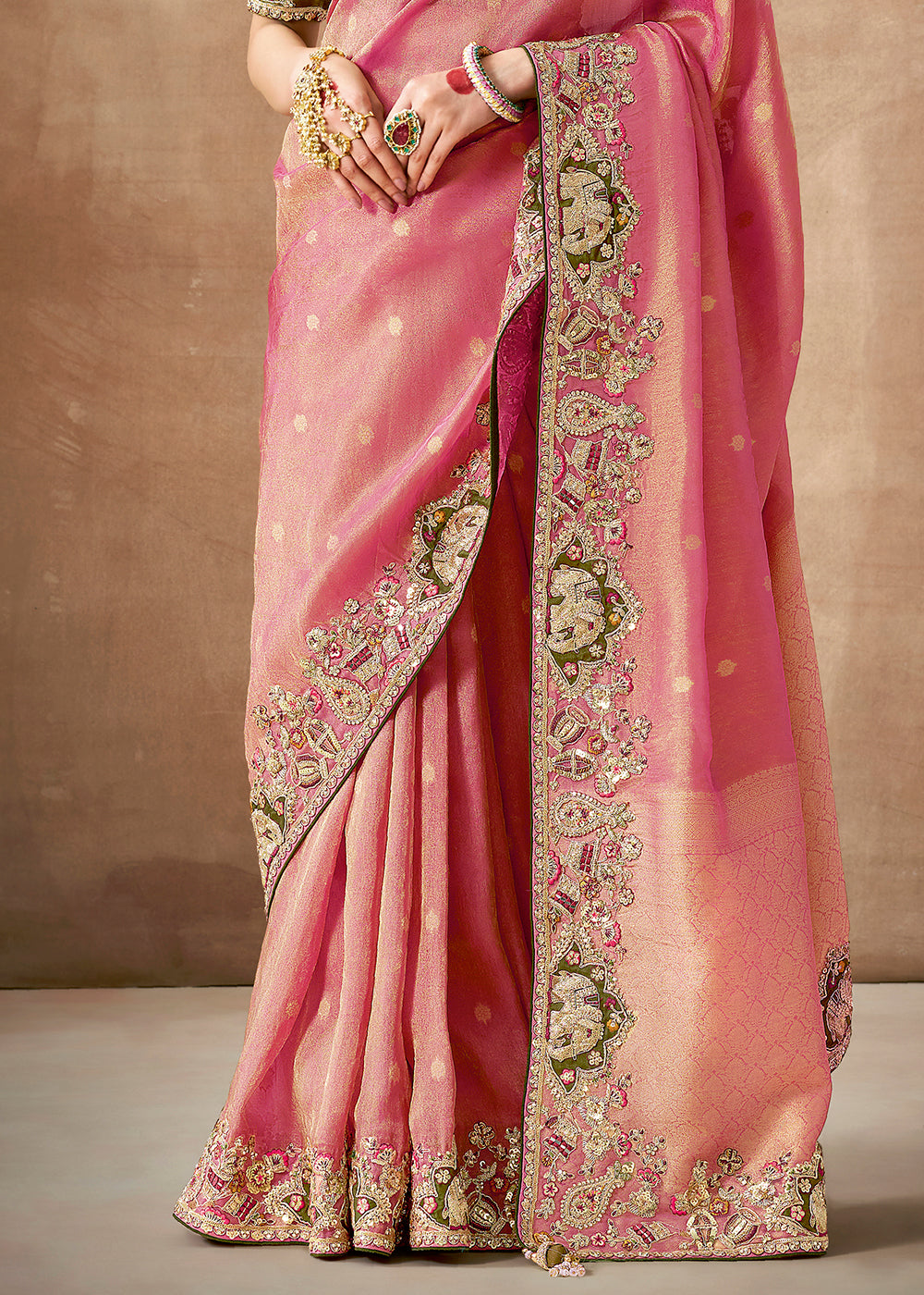 Shades Of Pink Zari Woven Tissue Dola Silk Saree having Sequence, Pearl, Mirror & Thread Work: Festival Edition