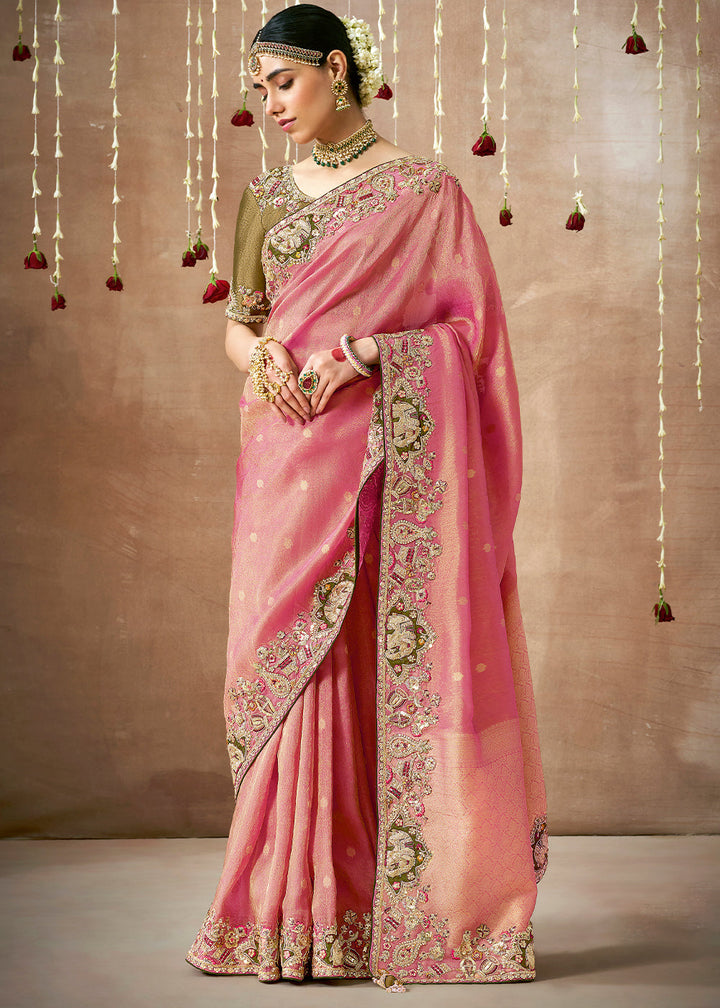 Shades Of Pink Zari Woven Tissue Dola Silk Saree having Sequence, Pearl, Mirror & Thread Work: Festival Edition