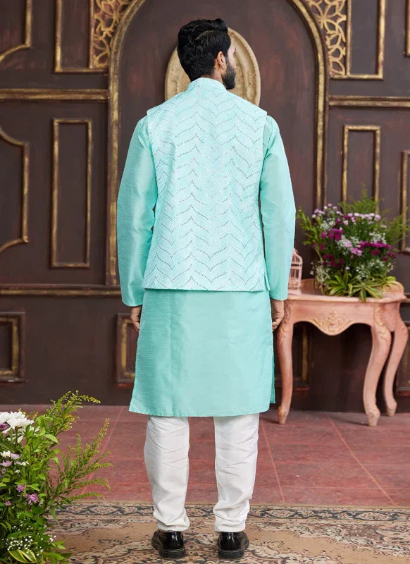 Men's Green Art Silk Digital Print Jacket Set