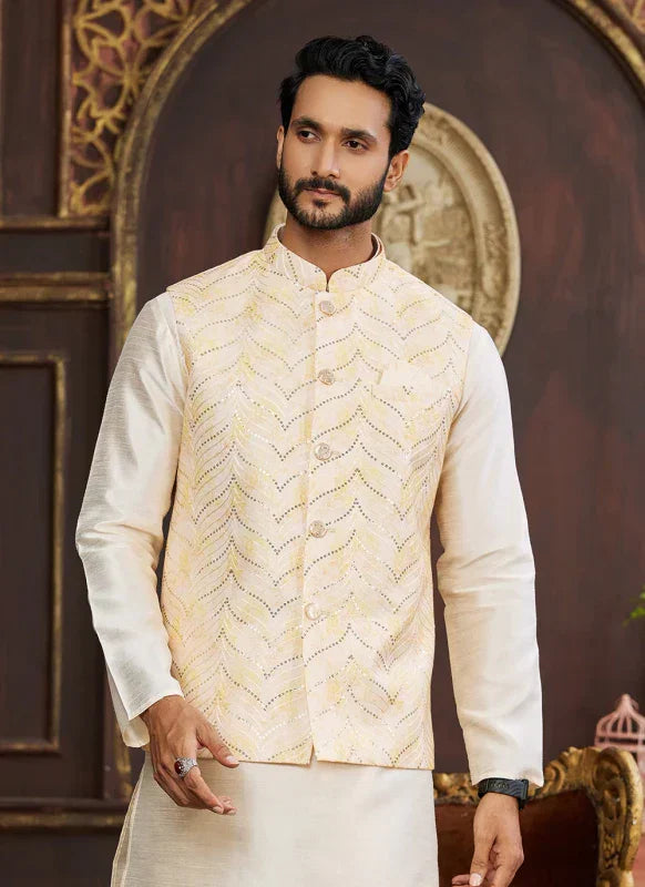 Men's Light Yellow Art Silk Digital Print Jacket Set