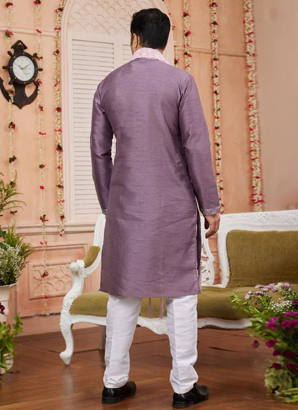 Men's Onion Pink Art Silk Solid Kurta Set