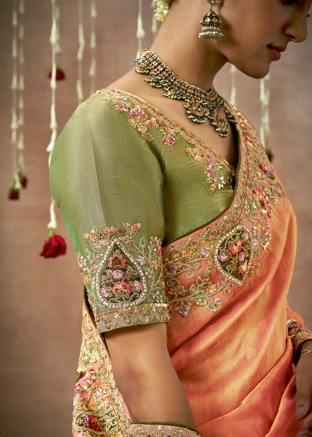 Shades Of Orange Zari Woven Tissue Dola Silk Saree having Sequence, Pearl, Mirror & Thread Work: Festival Edition - qivii