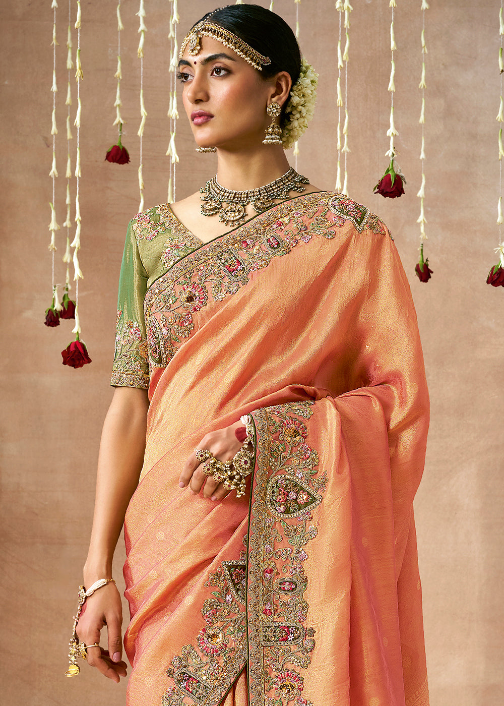 Shades Of Orange Zari Woven Tissue Dola Silk Saree having Sequence, Pearl, Mirror & Thread Work: Festival Edition - qivii