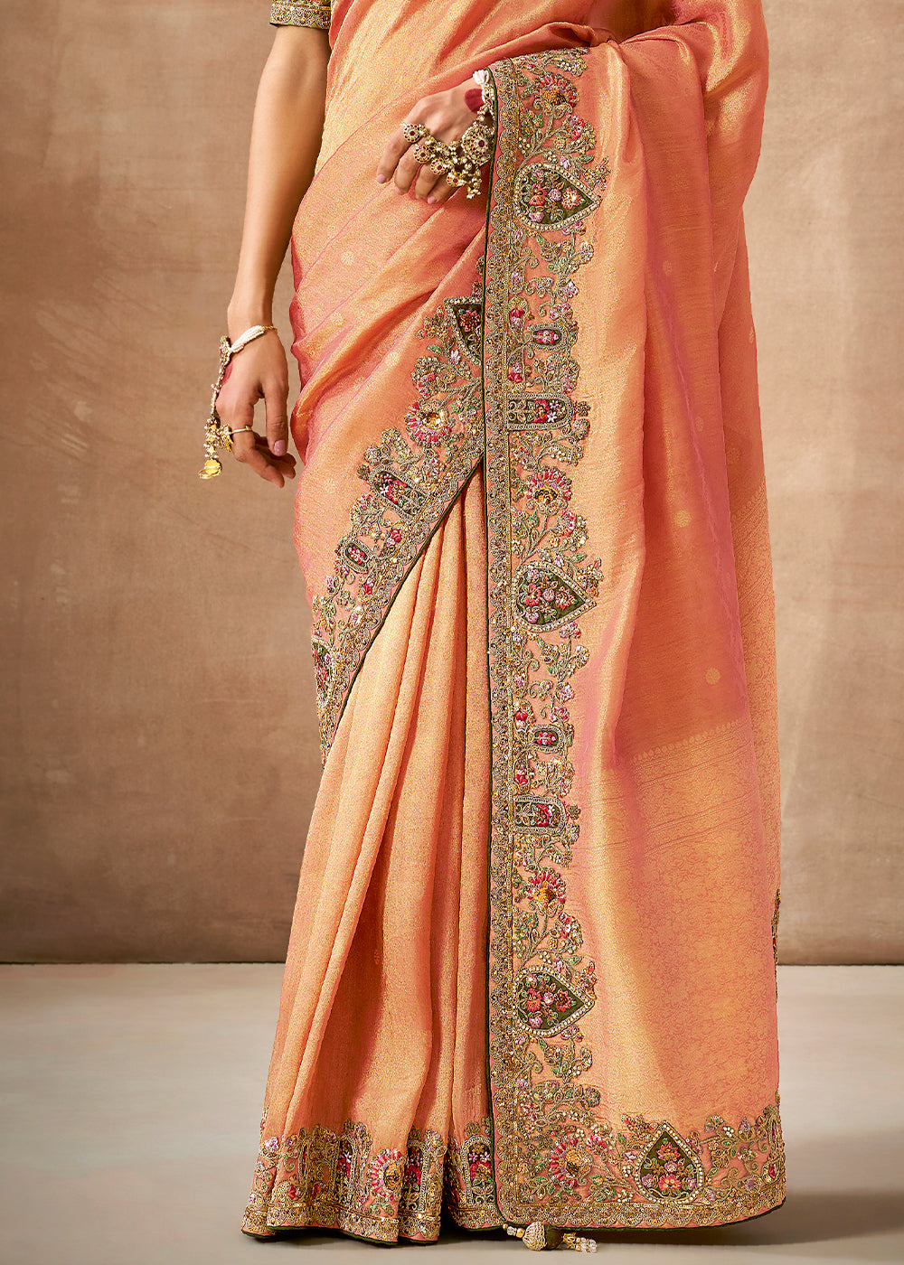 Shades Of Orange Zari Woven Tissue Dola Silk Saree having Sequence, Pearl, Mirror & Thread Work: Festival Edition - qivii
