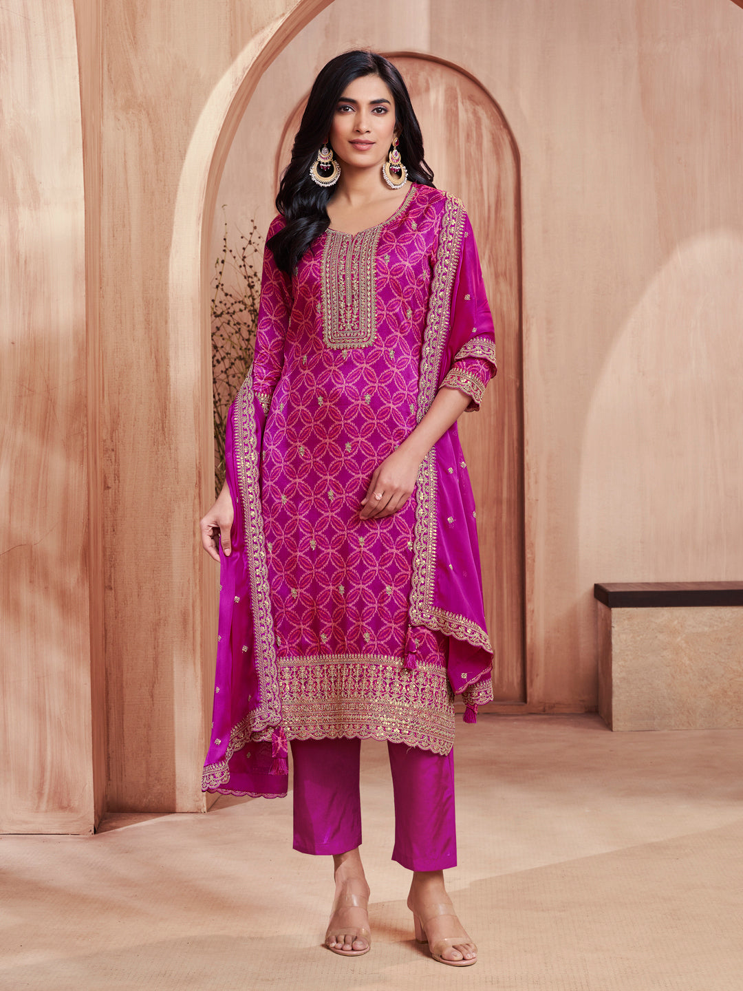 Magenta Print With Embroidery Straight Kurta With Trousers And Embroidery Dupatta