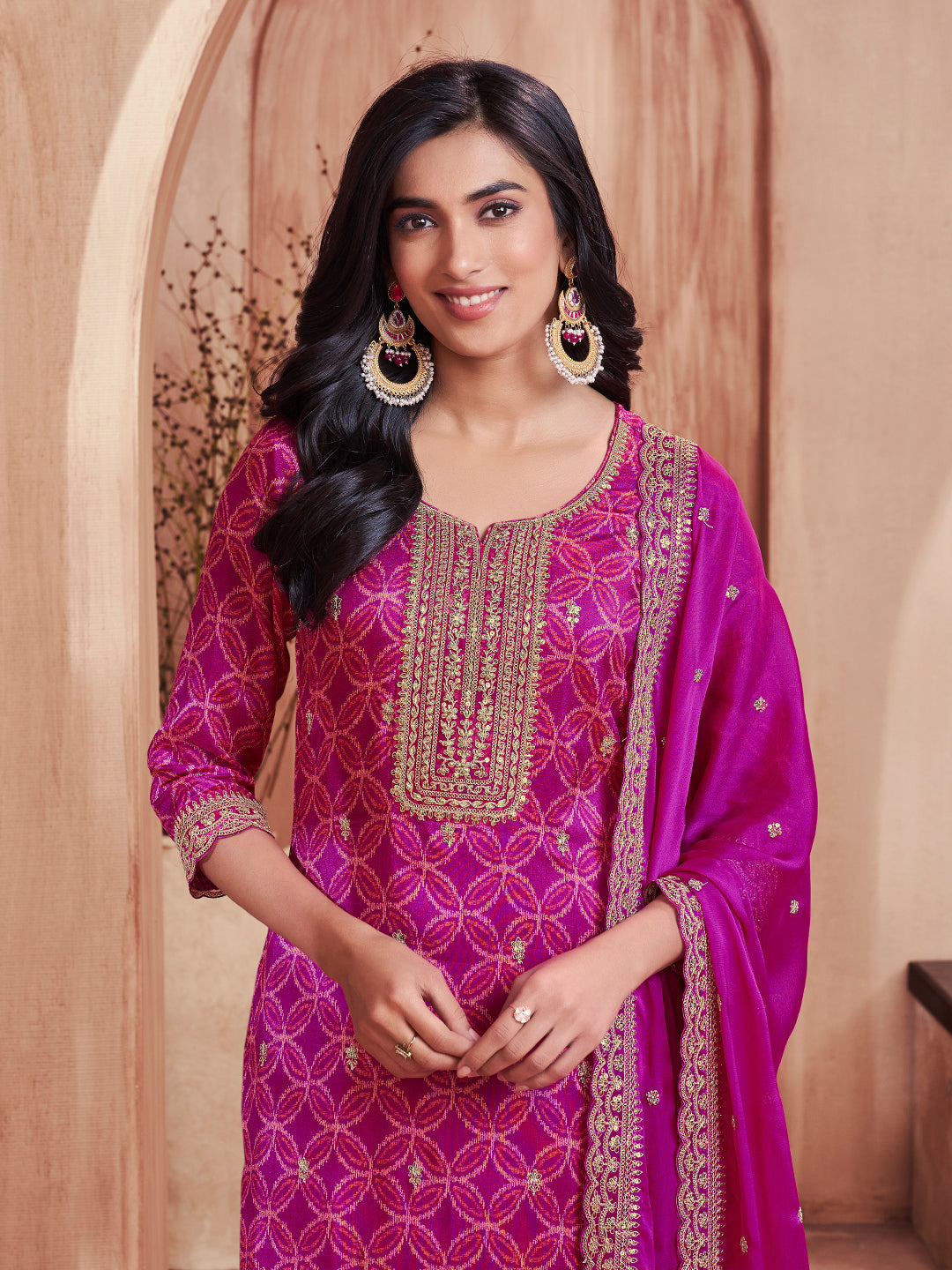 Magenta Print With Embroidery Straight Kurta With Trousers And Embroidery Dupatta
