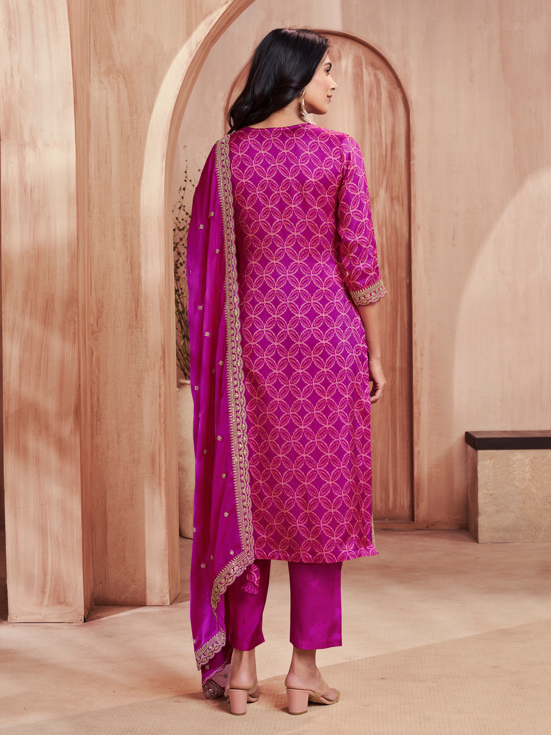 Magenta Print With Embroidery Straight Kurta With Trousers And Embroidery Dupatta