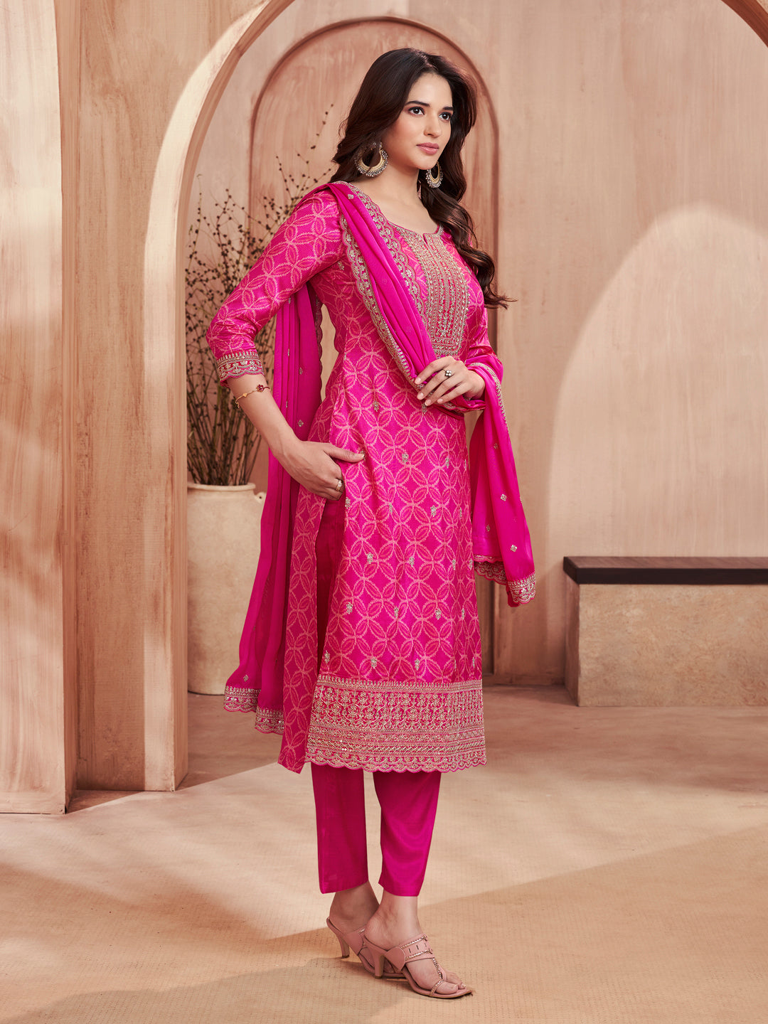 Pink Print With Embroidery Straight Kurta With Trousers And Embroidery Dupatta