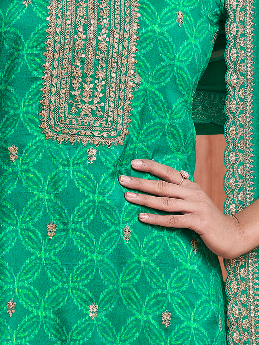 Green Print With Embroidery Straight Kurta With Trousers And Embroidery Dupatta