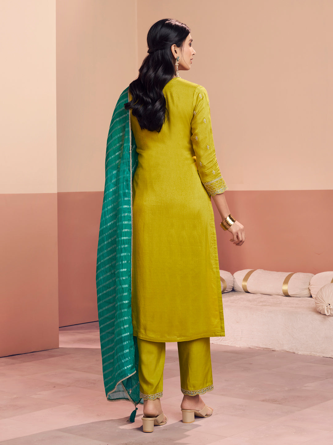 Mustard Embroidery Straight Kurta With Dyed Trousers And Jacquard Dupatta