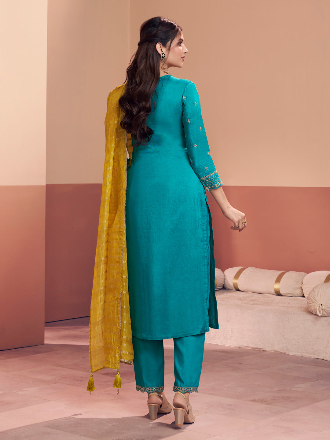 Teal Embroidery Straight Kurta With Dyed Trousers And Jacquard Dupatta