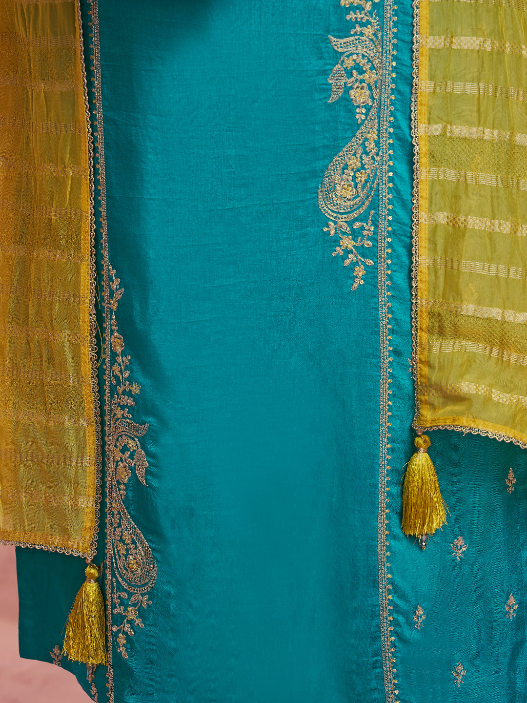 Teal Embroidery Straight Kurta With Dyed Trousers And Jacquard Dupatta