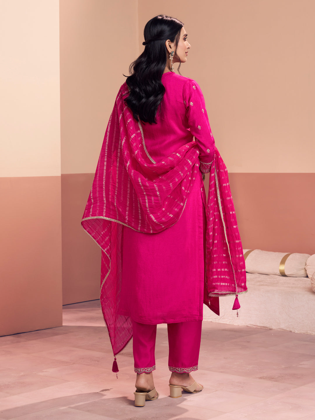 Pink Embroidery Straight Kurta With Dyed Trousers And Jacquard Dupatta