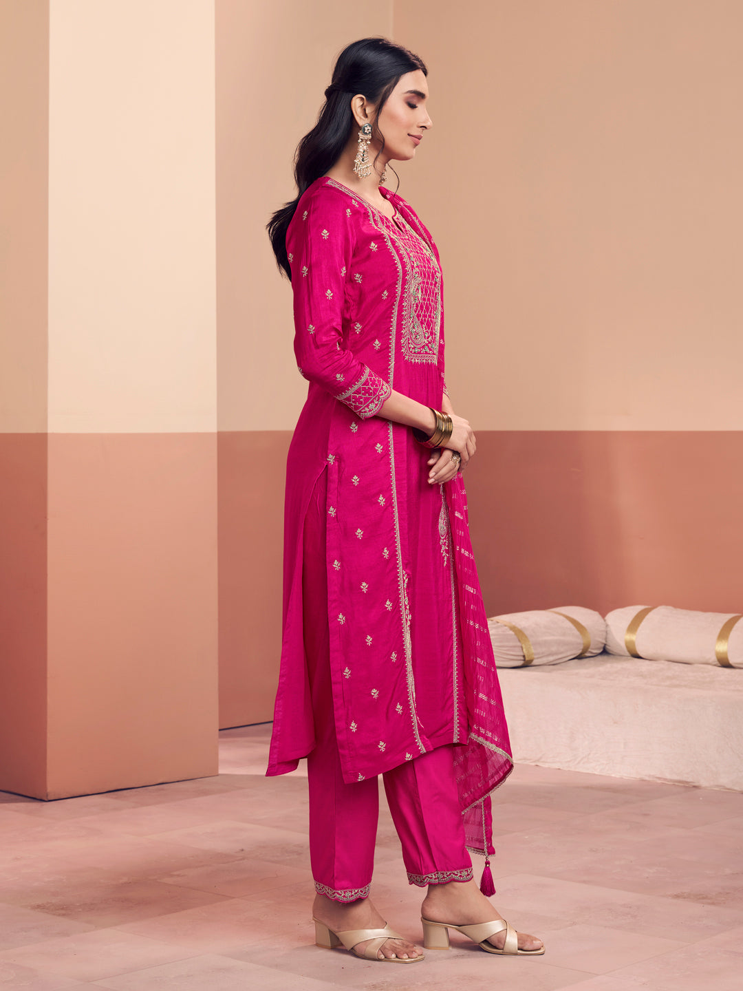 Pink Embroidery Straight Kurta With Dyed Trousers And Jacquard Dupatta