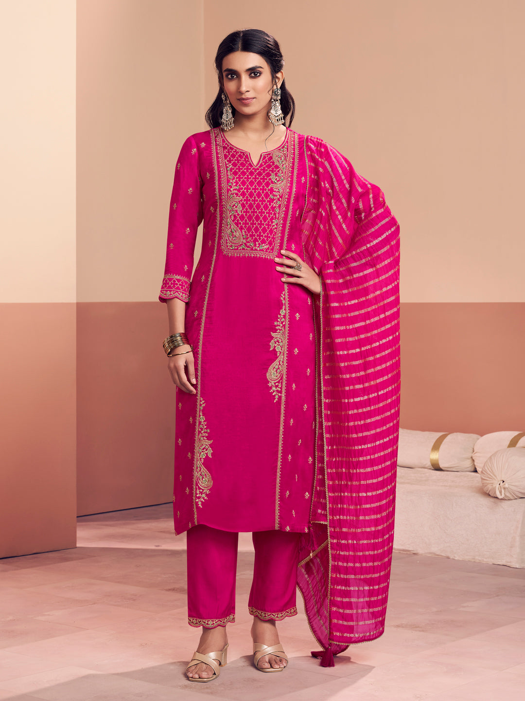 Pink Embroidery Straight Kurta With Dyed Trousers And Jacquard Dupatta