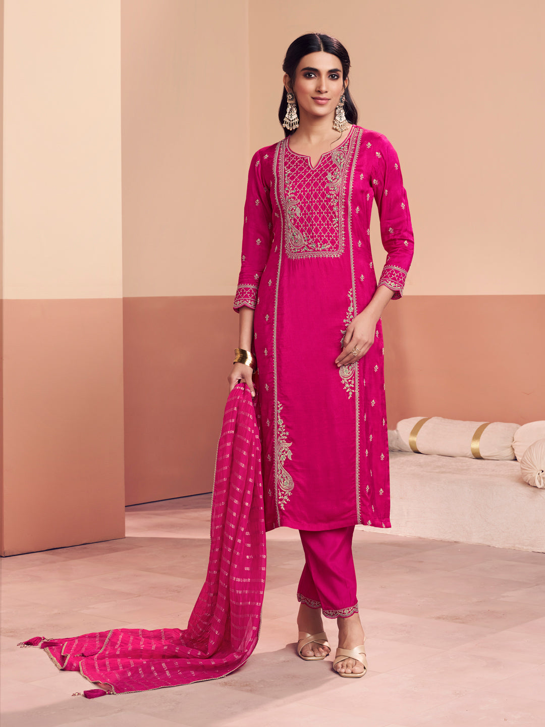 Pink Embroidery Straight Kurta With Dyed Trousers And Jacquard Dupatta