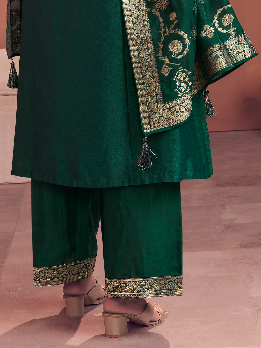 Green Embroidery A-Line Kurta With Palazzo And Jacquaed Dupatta