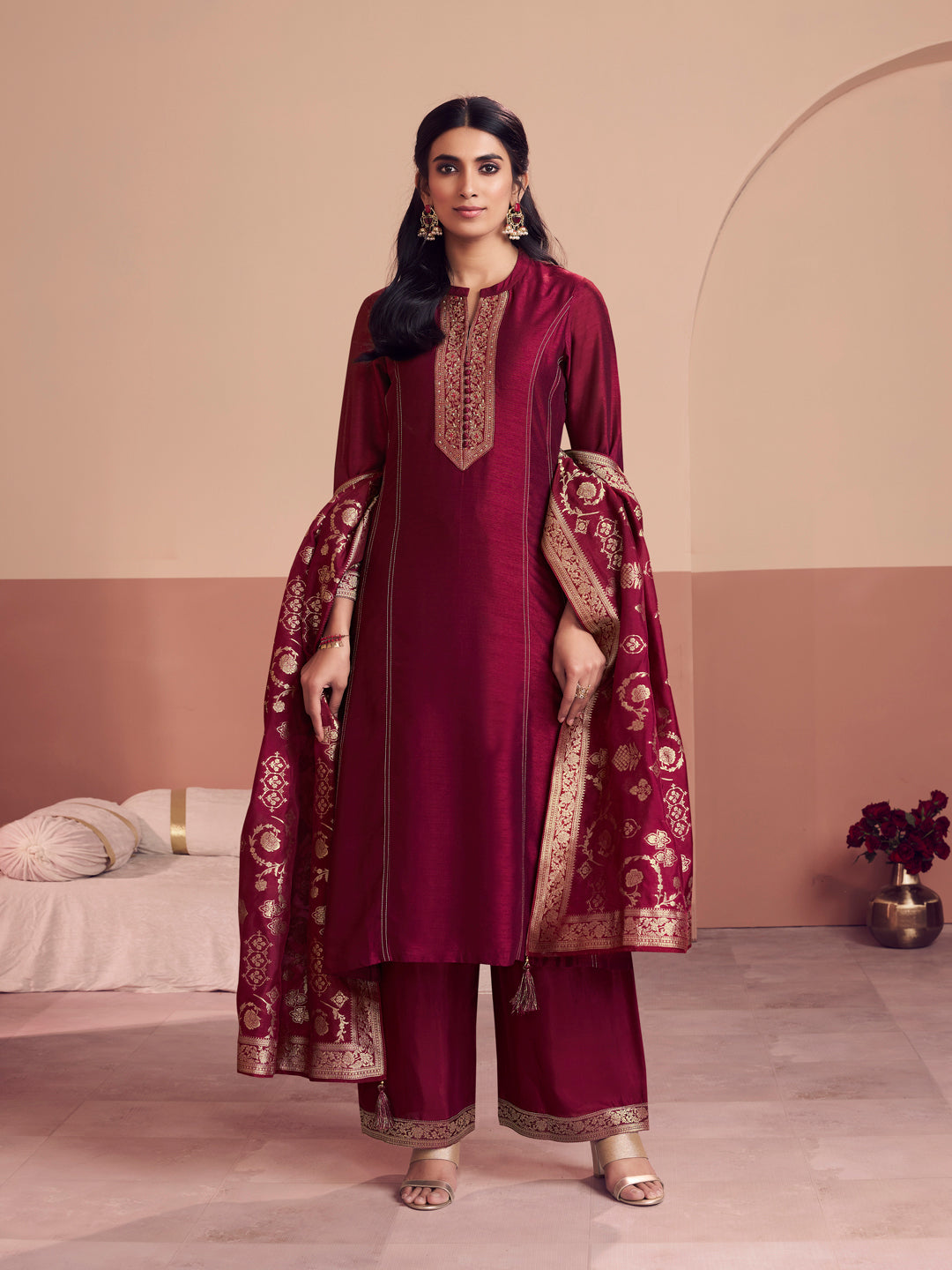 Maroon Embroidery A-Line Palazzo With Dyed Trousers And Jacquaed Dupatta