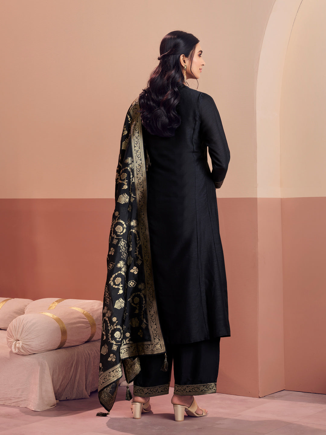 Black Embroidery A-Line Kurta With Palazzo And Jacquaed Dupatta