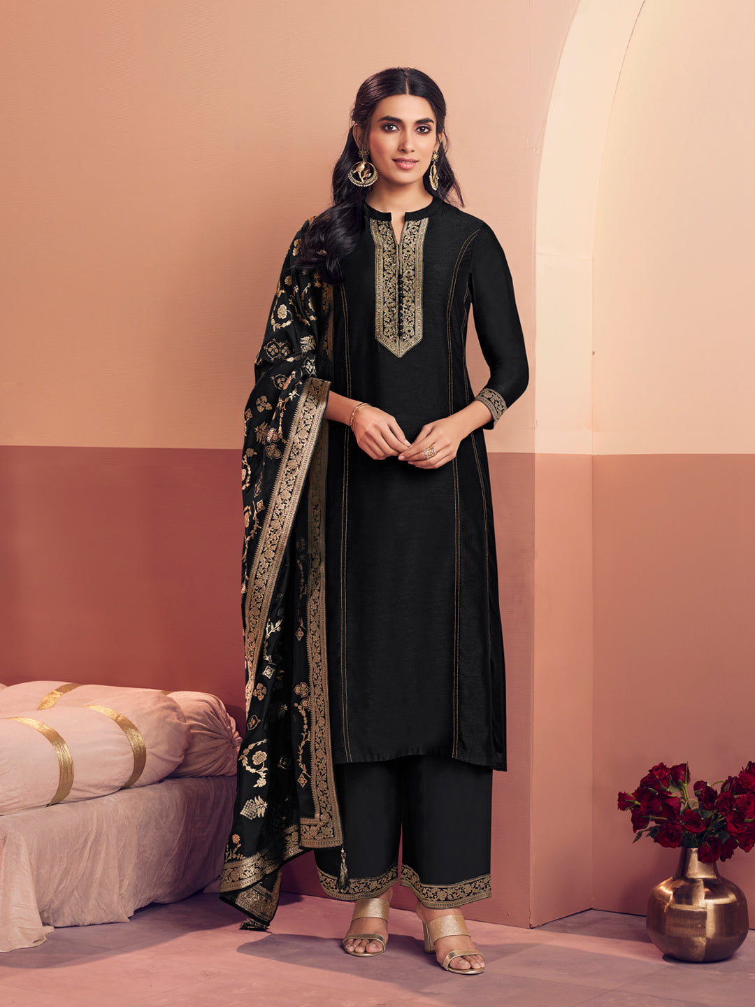 Black Embroidery A-Line Kurta With Palazzo And Jacquaed Dupatta