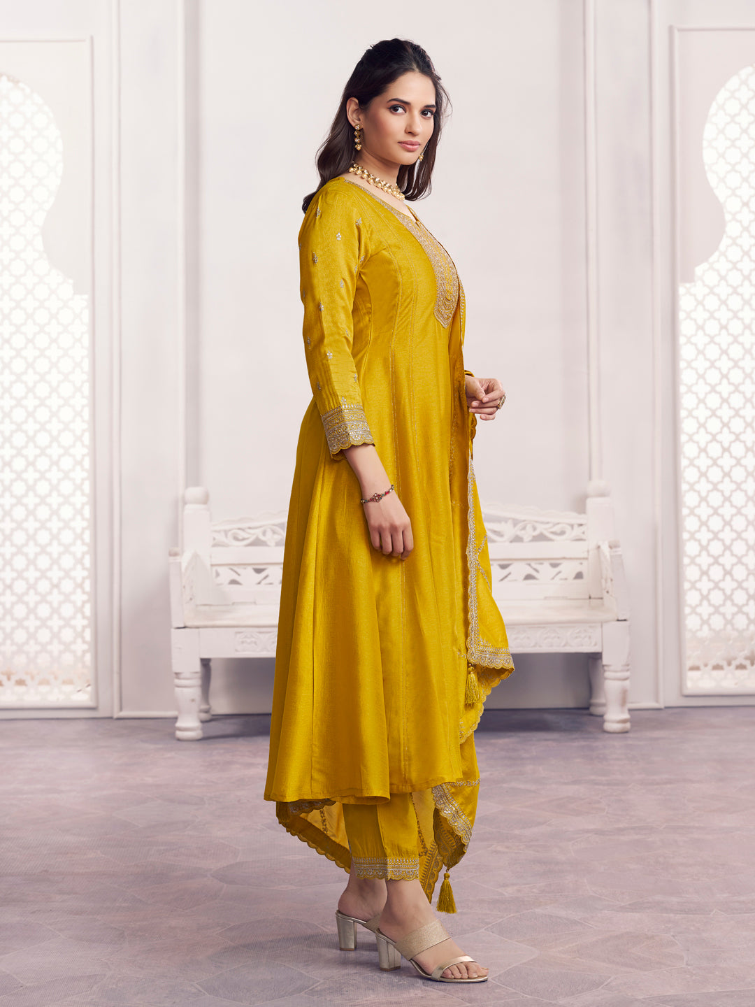 Yellow Embroidery A-Line Kurta With Dyed Trousers And Embroidery Dupatta