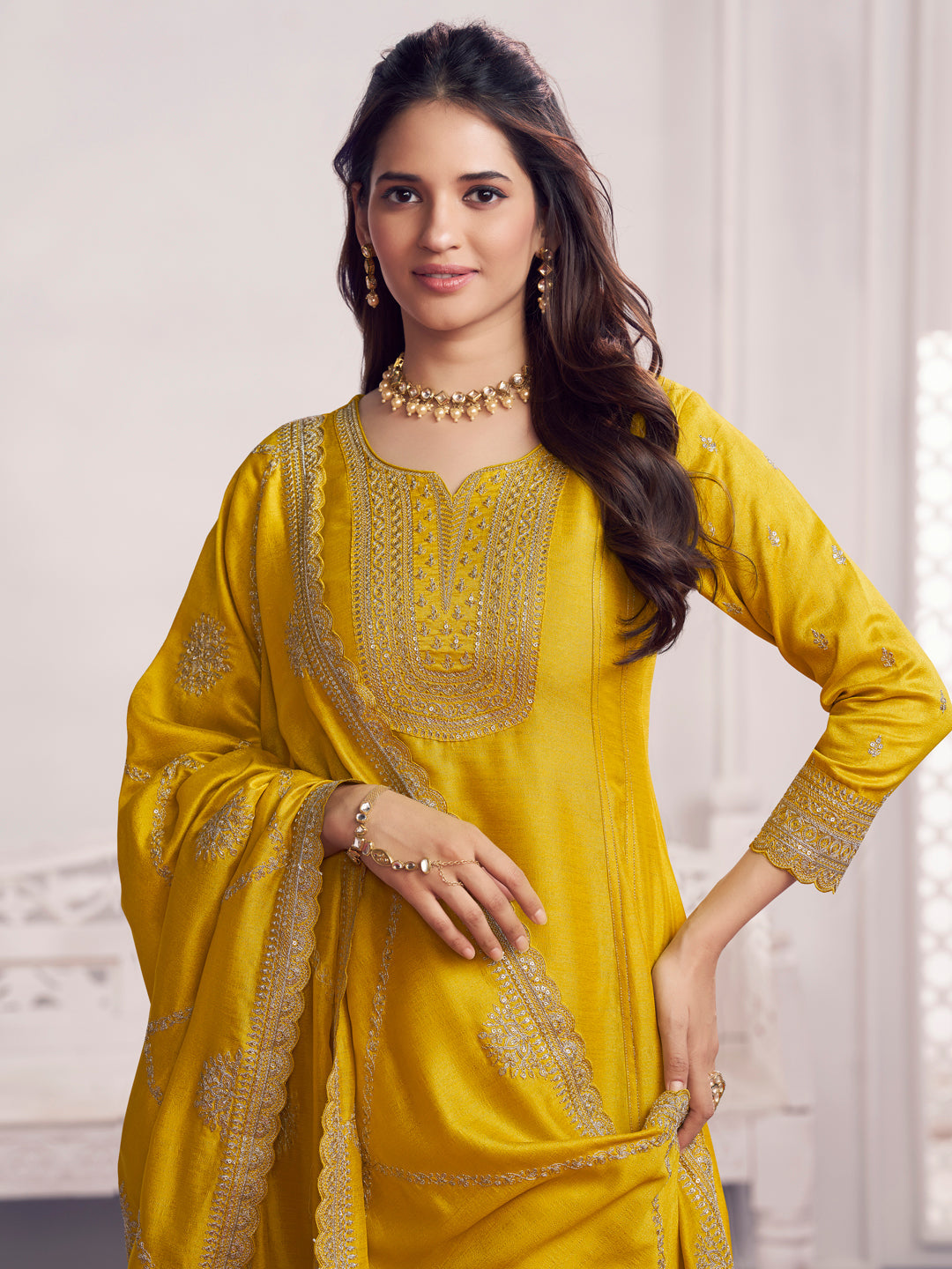 Yellow Embroidery A-Line Kurta With Dyed Trousers And Embroidery Dupatta