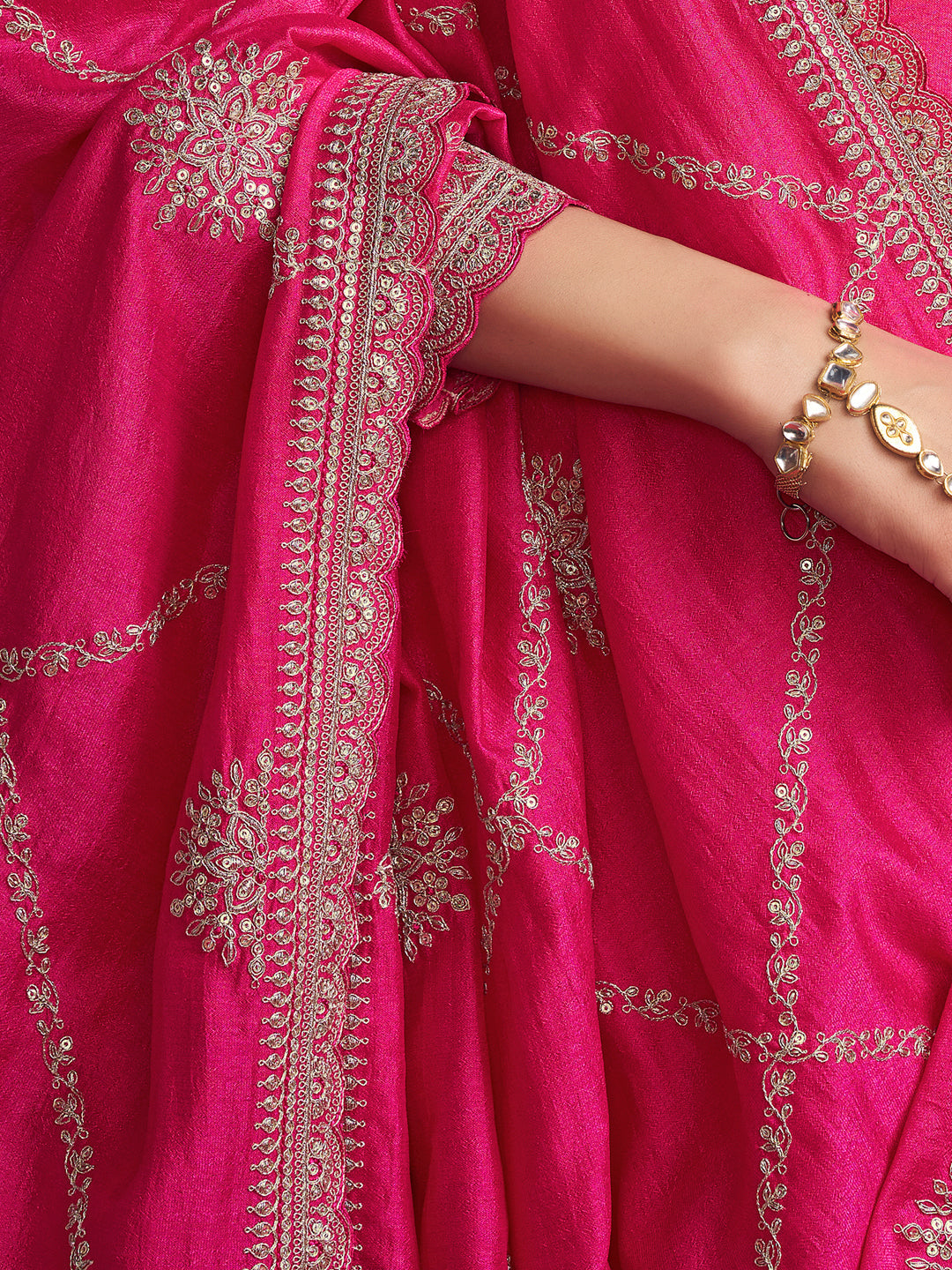 Pink Embroidery A-Line Kurta With Dyed Trousers And Embroidery Dupatta