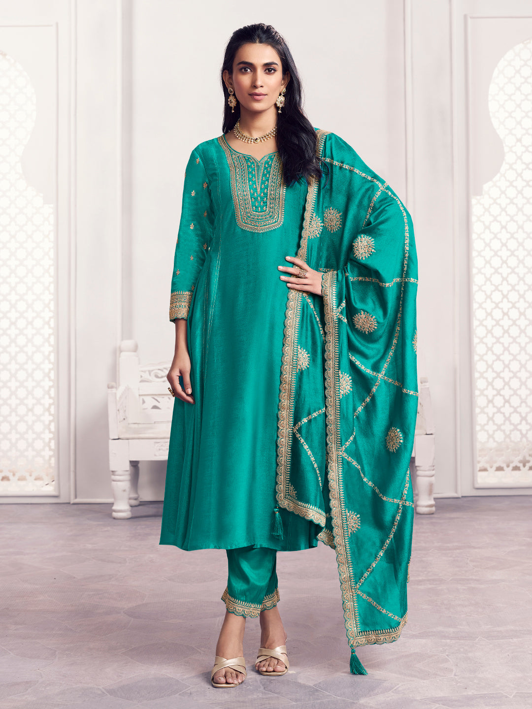 Green Embroidery A-Line Kurta With Dyed Trousers And Embroidery Dupatta