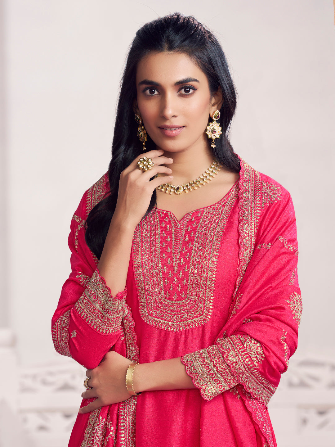 Pink Embroidery A-Line Kurta With Dyed Trousers And Embroidery Dupatta