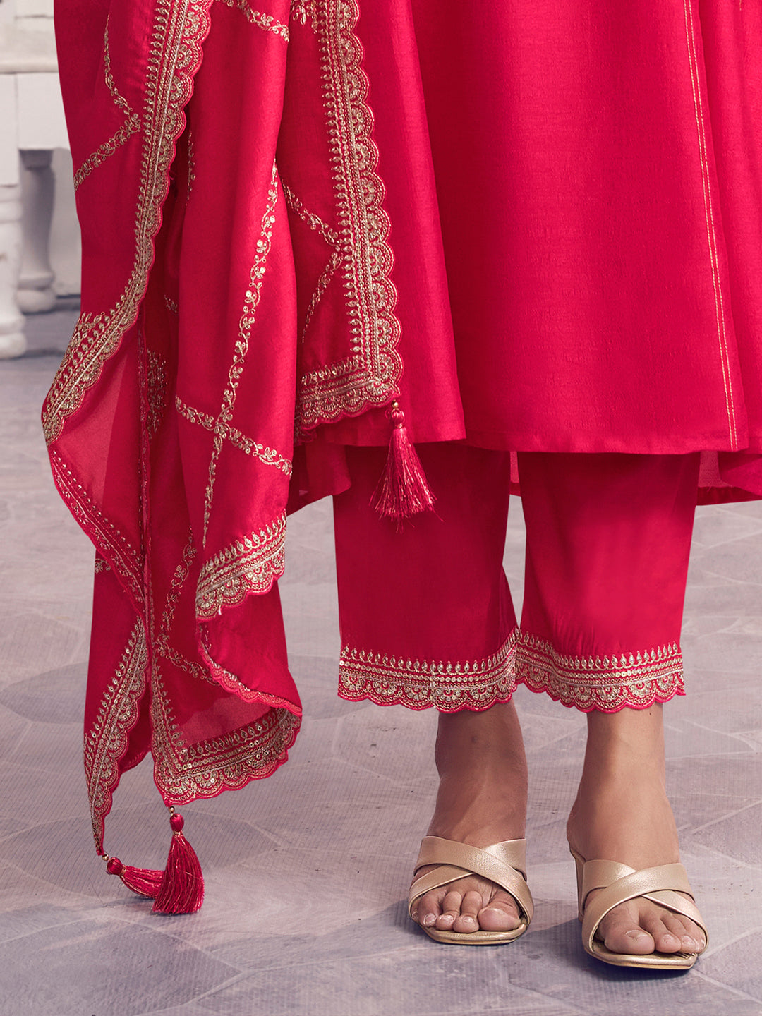 Pink Embroidery A-Line Kurta With Dyed Trousers And Embroidery Dupatta