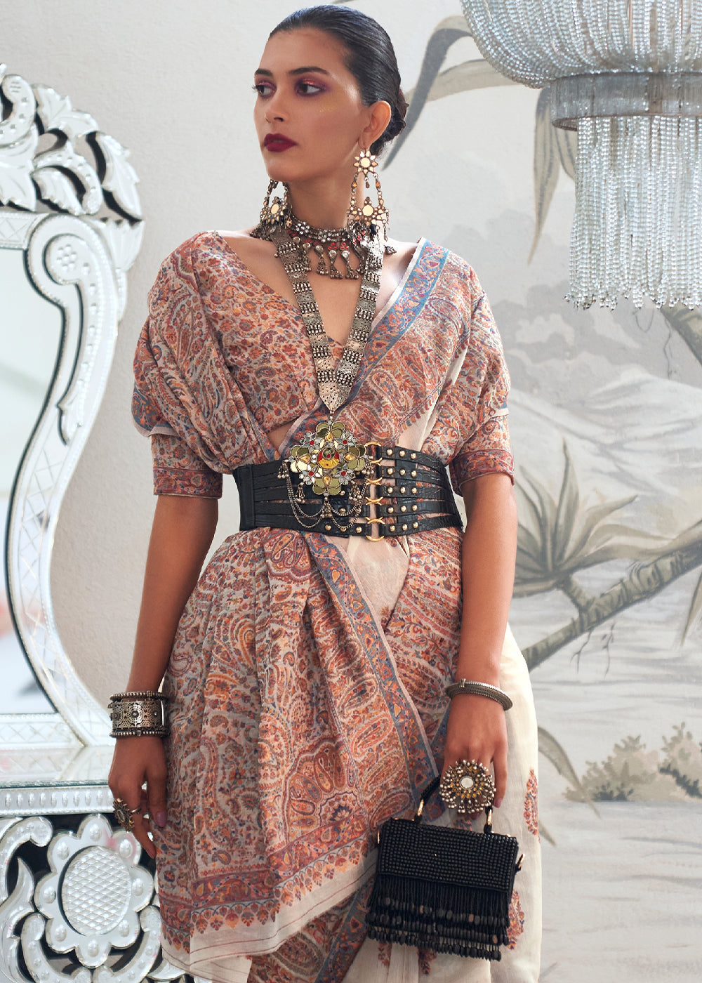 Pearl White Kashmiri Handloom Weaving Silk Saree - qivii