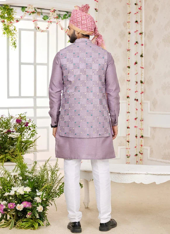 Men's Onion Pink Art Silk Embroidery Work Jacket Set