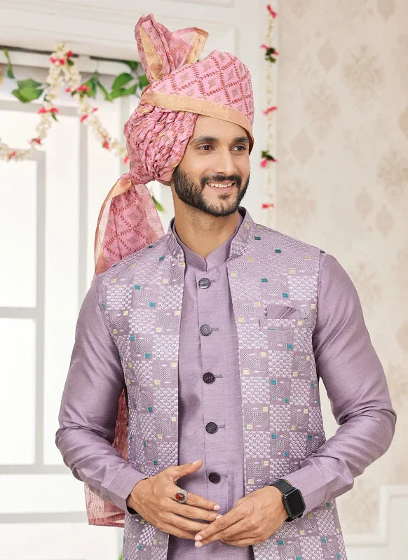 Men's Onion Pink Art Silk Embroidery Work Jacket Set