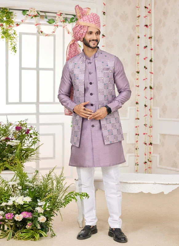 Men's Onion Pink Art Silk Embroidery Work Jacket Set
