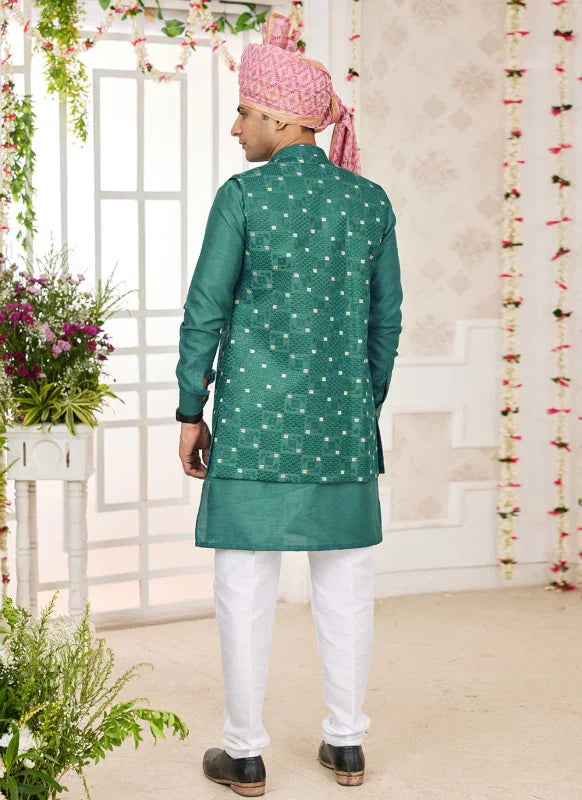 Men's Green Art Silk Embroidery Work Jacket Set