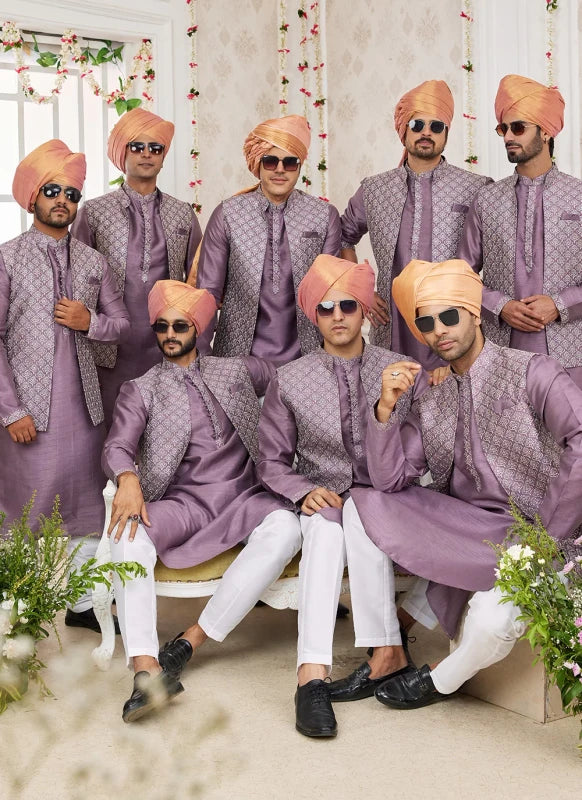 Men's Dark Onion Pink Art Silk Embroidery Work Jacket Set