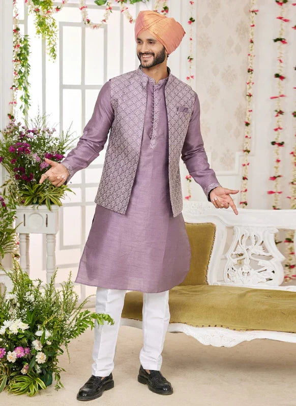 Men's Dark Onion Pink Art Silk Embroidery Work Jacket Set