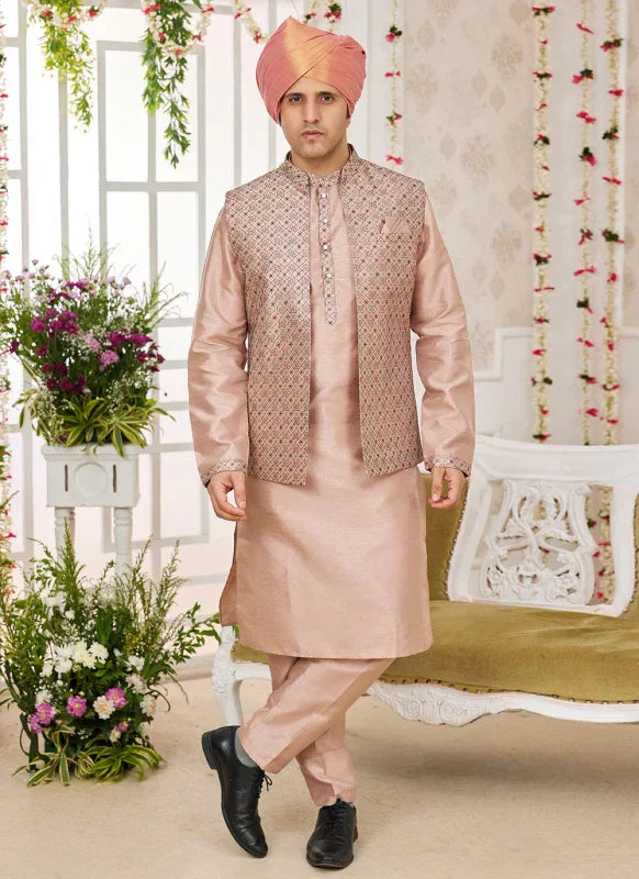 Men's Peach Art Silk Embroidery Work Jacket Set